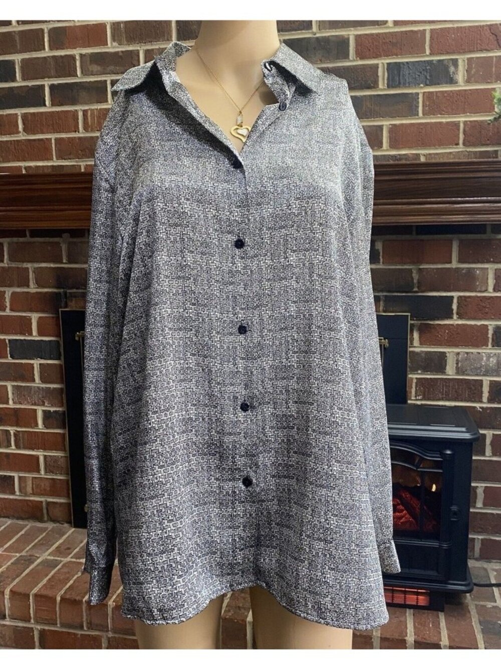 Notations Woman Size L Collared  Long Sleeve Blouse soft Silver and Black Shirt